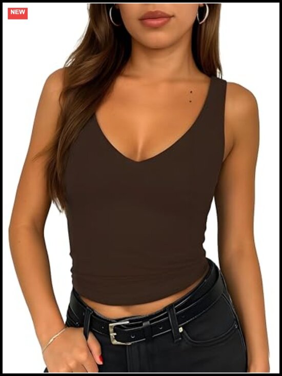 Tops - Women's Sleeveless V Neck Crop Tank Top Double Layer Casual Basic Workout Top